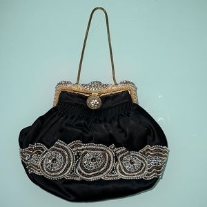 Vintage Black Beaded Evening Bag Clutch Purse Made in France